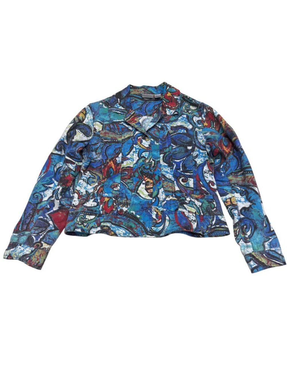 Chico's Women's Linen Blend Jacket Multicolor Abstract Pattern Button Sz 1 /US M